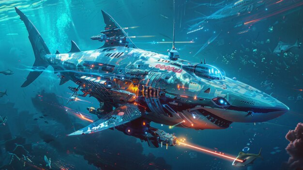 An enthralling 3D rendering presents a futuristic robotic shark adorned with laser cannons depicting a scene straight out of a sci fi thriller set in the deep ocean