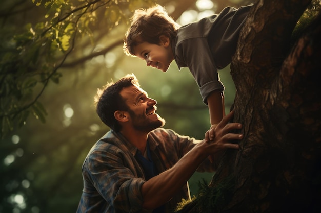 Photo an enthralling adventure a fathers guiding hand as son conquers a forest tree
