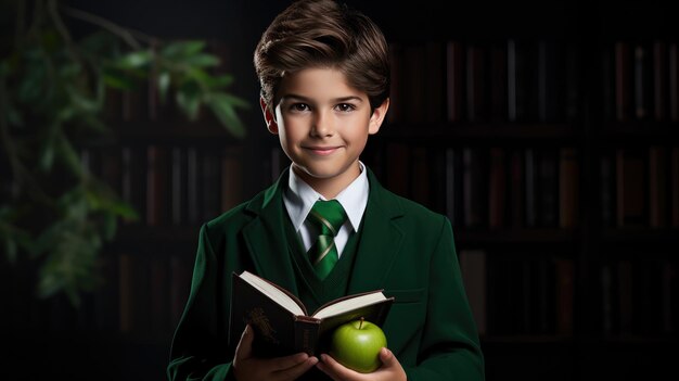 enthusiasm of a young boy in a school uniform holding a green apple radiating the excitement of going back to school