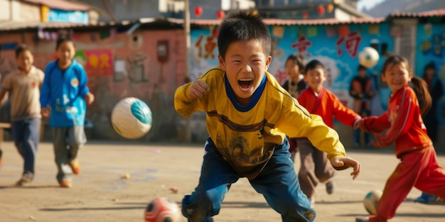 Photo enthusiastic asian kids engaged in lively game of soccer