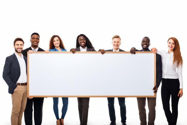 Photo enthusiastic business team showcasing empty banner for promotional opportunities isolated on white