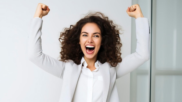 Foto una donna d'affari entusiasta con le braccia alzate in ufficio mezzo di fotografia a sfondo bianco puro