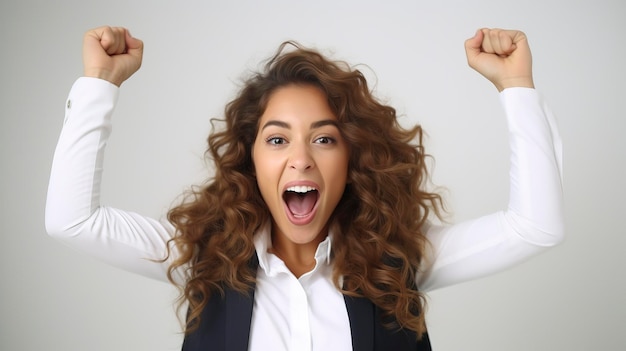 An enthusiastic businesswoman with arms raised in office pure white background photography medium