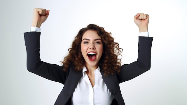 An enthusiastic businesswoman with arms raised in office pure white background photography medium