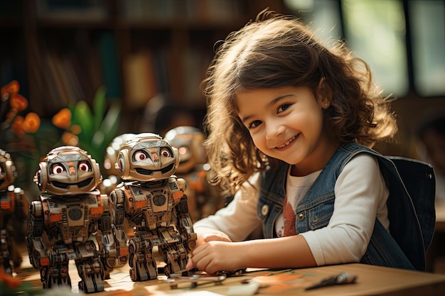 Photo enthusiastic children learn programming with educational robots generative ia