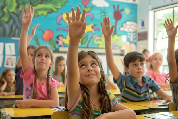 Foto bambini entusiasti che alzano la mano in classe con l'ai generata