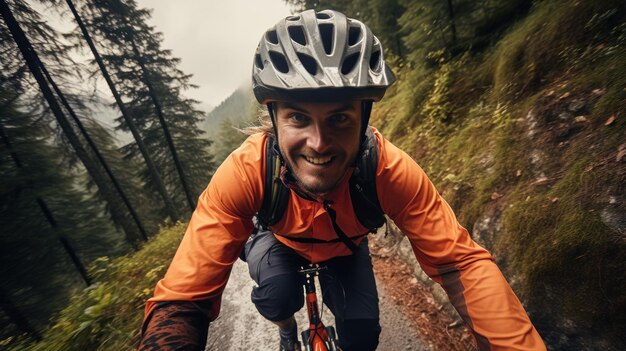 An enthusiastic cyclist in protective gear pedaling determinedly up a steep verdant hill with perseverance gleaming in his eyes