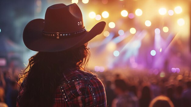 Photo enthusiastic fan in a stylish cowboy hat at a music concert