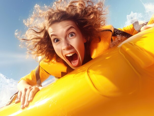 An enthusiastic girl rides an inflatable banana boat on the sea