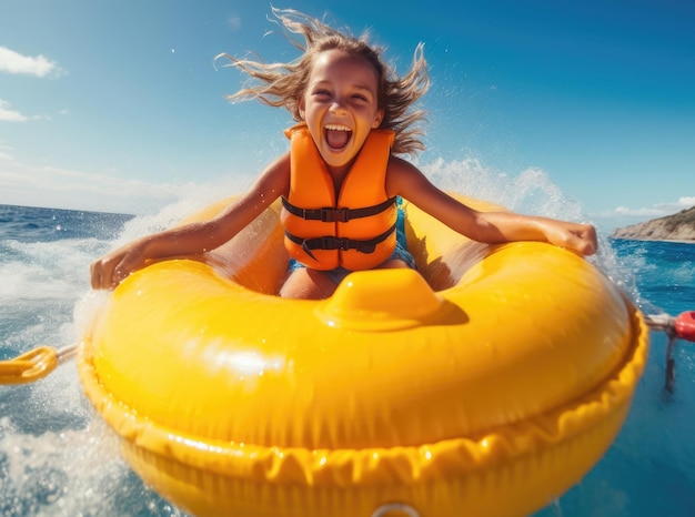 An enthusiastic girl rides an inflatable banana boat on the sea