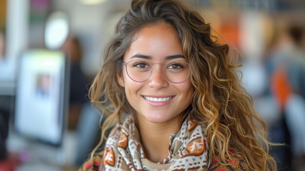 Enthusiastic Hispanic young woman working on a computer in a bright modern office Confident Human Resources Agent smiling happily while working online