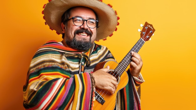 Photo enthusiastic musician in traditional mexican attire playing guitar