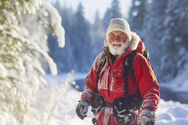 Foto uomo anziano entusiasta che scia sulla neve