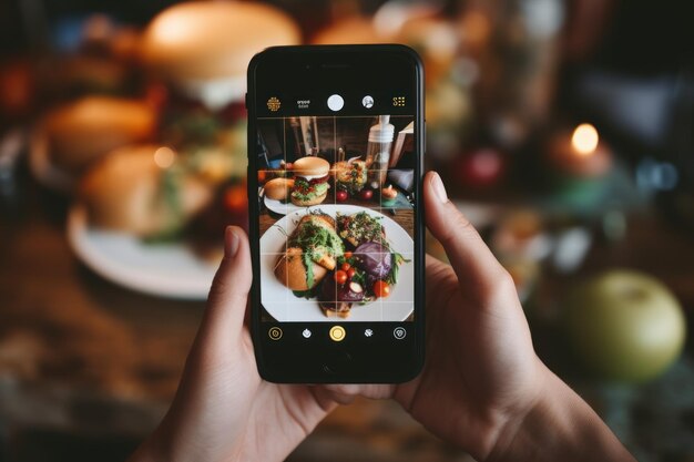 Foto persona entusiasta che scatta foto a cibo gustoso immagine della telecamera generare ai