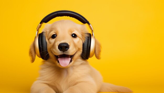 Enthusiastic puppy in headphones on pastel background with copy space for text placement