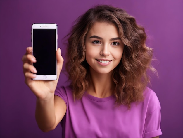 Enthusiastic Smiling cute girl showing smartphone