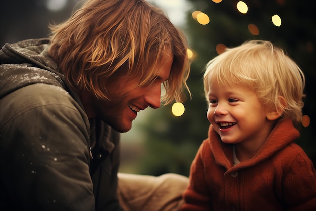Photo enthusiastic smiling family father and son laughing closeup portrait