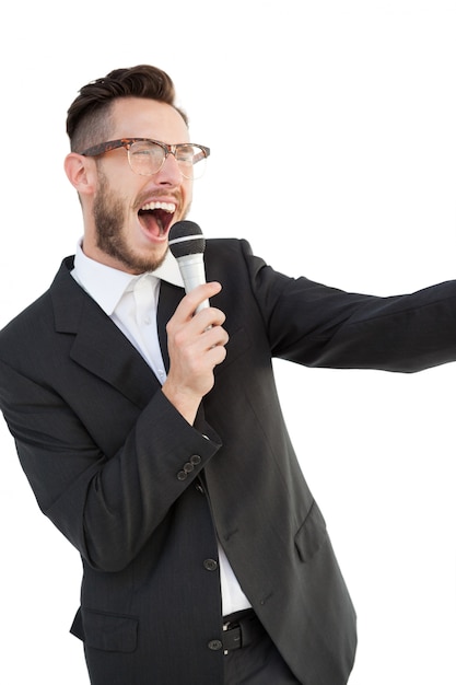 Enthusiastic speaker talking in microphone