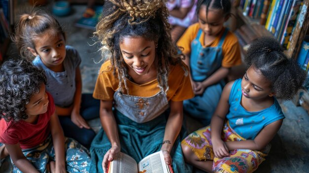 Photo enthusiastic teacher reading a fairy tale