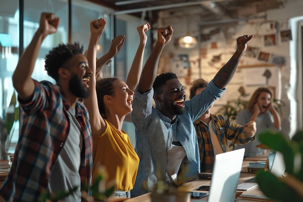 Photo enthusiastic team celebrating success in office