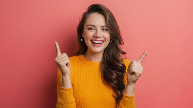 Enthusiastic young attractive caucasian woman laughing over awesome advertisement pointing upper l