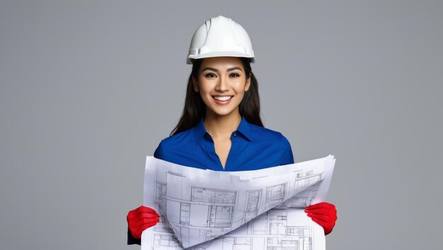 An enthusiastic young female engineer embracing architectural plans isolated on a white background