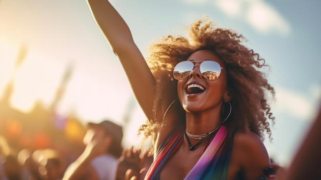 Enthusiastic young woman cheering in crowd at summer music festival