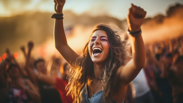 Enthusiastic young woman cheering in crowd at summer music festival