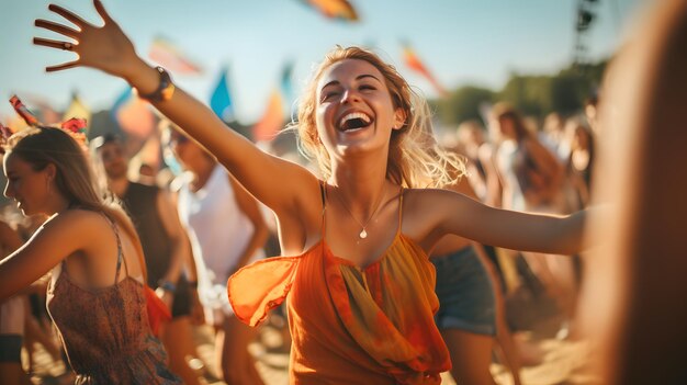 Photo enthusiastic young women dancing in crowd at summer music festival