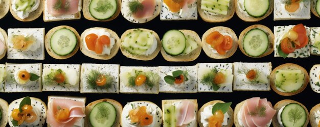 An enticing food shot captures an array of delicate white bread finger sandwiches artistically