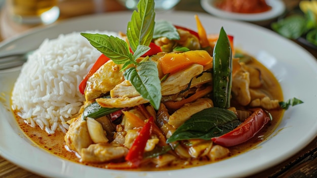 An enticing plate of Thaistyle curry stirfry served with jasmine rice ready to satisfy any craving for bold flavors