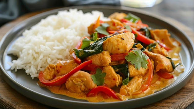 An enticing plate of Thaistyle curry stirfry served with jasmine rice ready to satisfy any craving for bold flavors