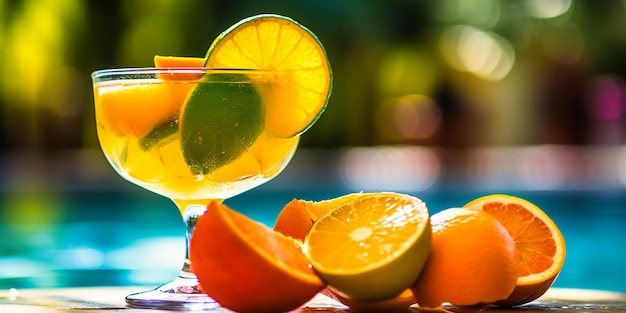 An enticing vibrant summer cocktail by the pool exuding refreshing colors and mouthwatering delight