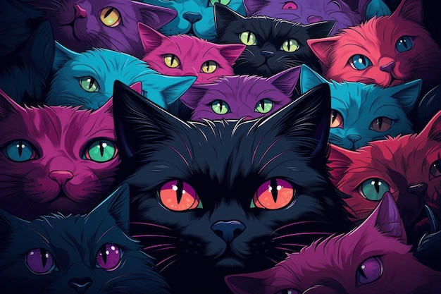 the entire gang of cats in the style of purple and cyan graphic design influence Generative AI