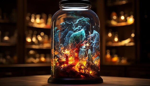 Photo the entire universe contained inside a glass jar super realistic hyper detailed dramatic lighting