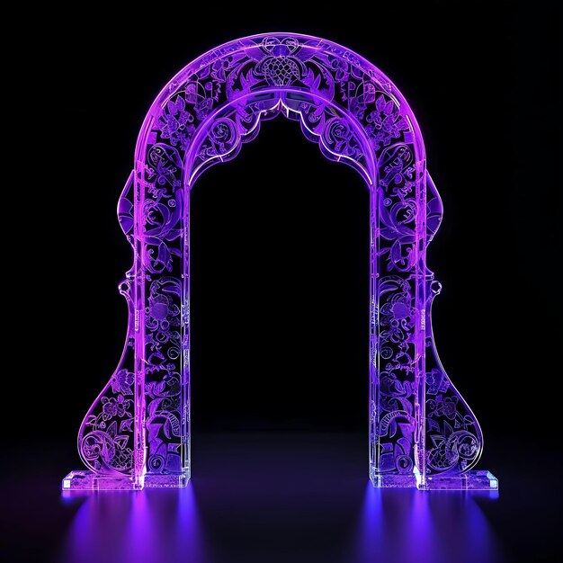 Photo entrance arch gate with intricate patterns and purple neon l glowing object y2k neon art design