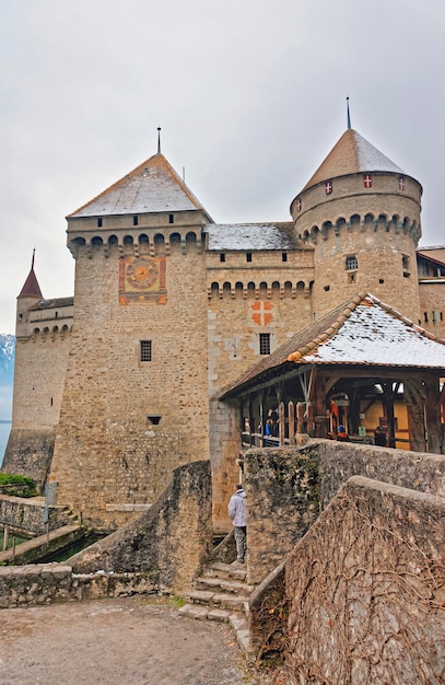 Entrance to Chillon Castle. It is an island castle on Lake Geneva (Lac Leman) in the Vaud canton, between Montreux and Villeneuve.