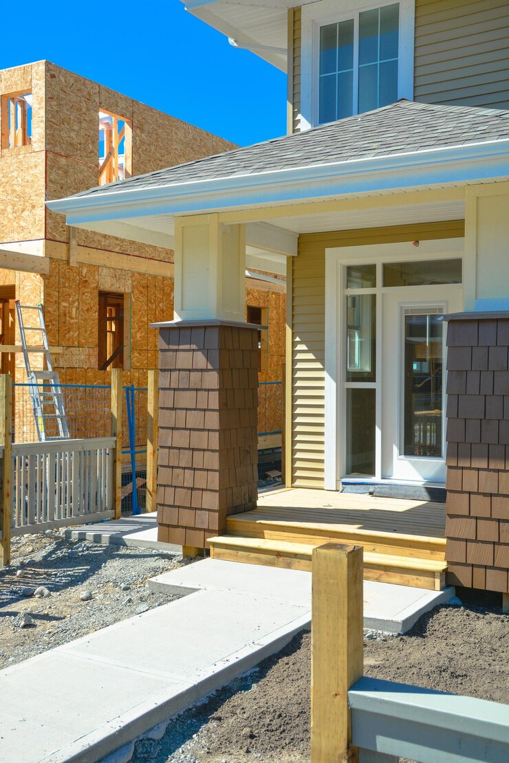 Entrance door of brand new family townhouses on construction completion stage