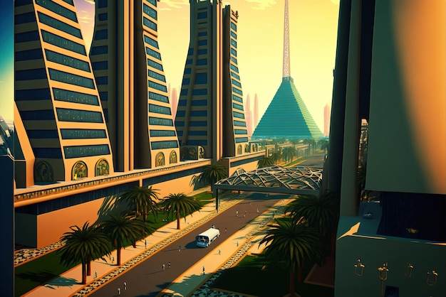 Photo the entrance to an egyptian futuristic city in the future