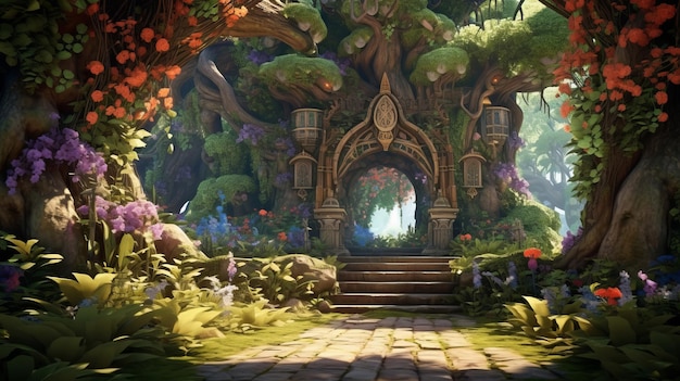 the entrance to an enchanted forest in a video game