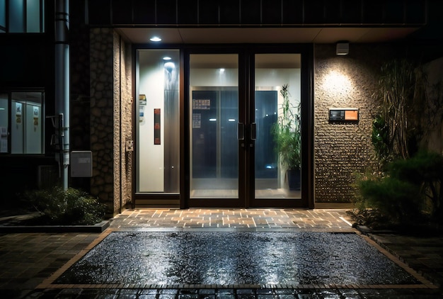 Foto un ingresso all'ingresso di un edificio di notte
