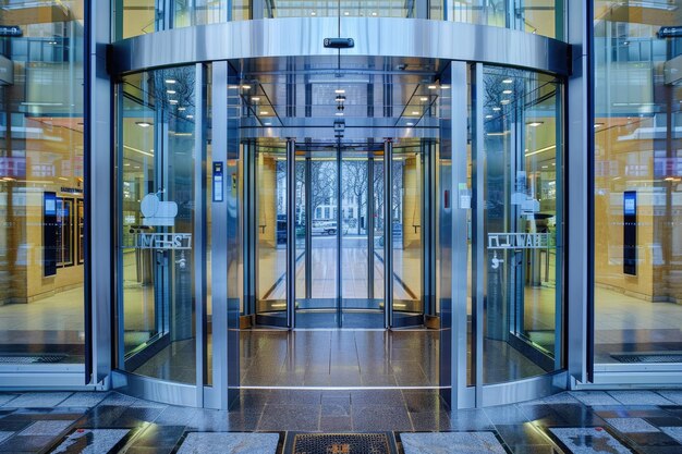 Photo the entrance front view of building with clean lobby can be seen through the glass doors professional photography