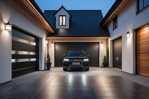 Foto entrata in un garage con le lampade luminose nella moderna casa di campagna