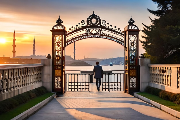 Входные ворота при заходе солнца в Стамбуле, Турция