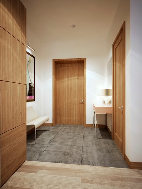 Entrance hall loft trend and white walls and brown doors and furniture.