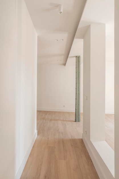 Foto ingresso con grandi colonne in metallo vecchio open space e design minimalista con superfici lisce e pavimenti in gres effetto legno