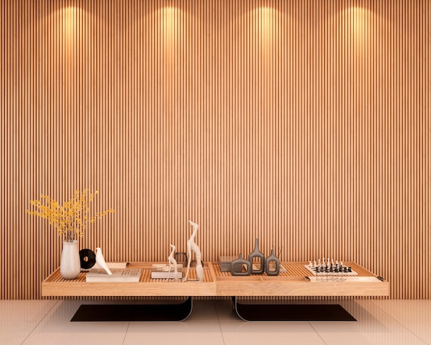 木製のスラット壁の中央テーブルの装飾と装飾3Dレンダリングを備えたエントランスホール