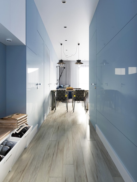 Entrance hallway in a modern ethnic design builtin wardrobe with clothes and blue panels