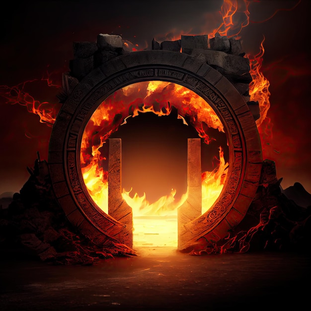 Entrance to hell with burning fiery ring with gate of hell