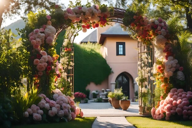 The entrance to the house is framed by a pergola.